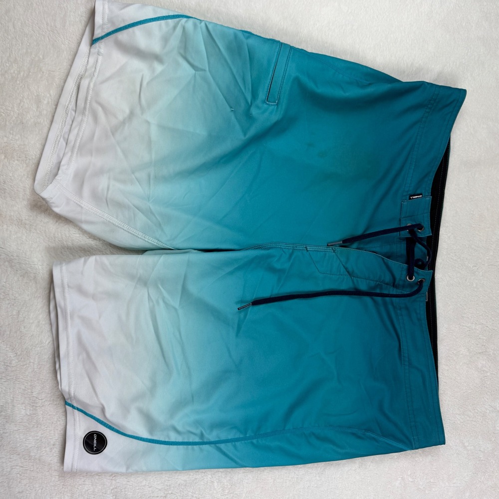ONeill Hyperfreak Mens Board Shorts Teal White Ombre Stretch Swim Trunks Size 38